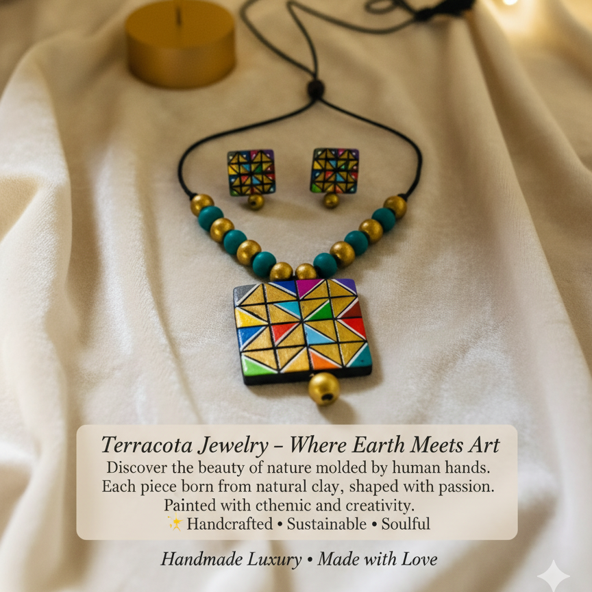 Terracotta Jewelry Necklace Set for Women – Handcrafted Clay Necklace with Earrings
