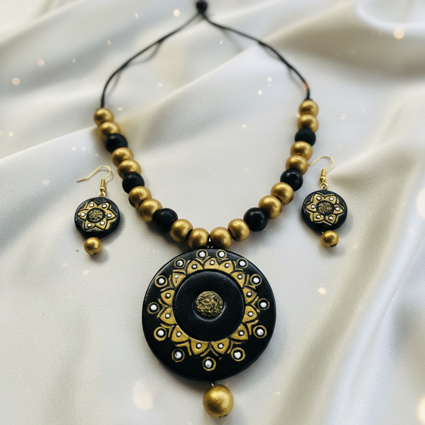 Terracotta Jewelry Necklace Set for Women – Handcrafted Clay Necklace with Earrings