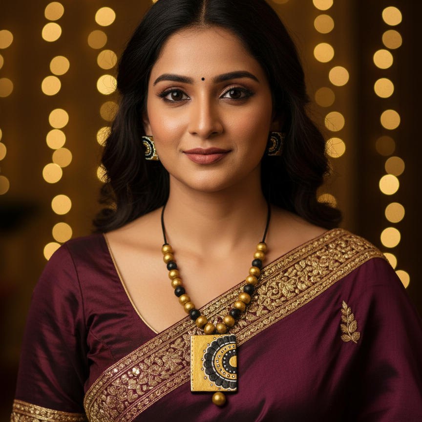 Terracotta Jewelry Necklace Set for Women – Handcrafted Clay Necklace with Earrings